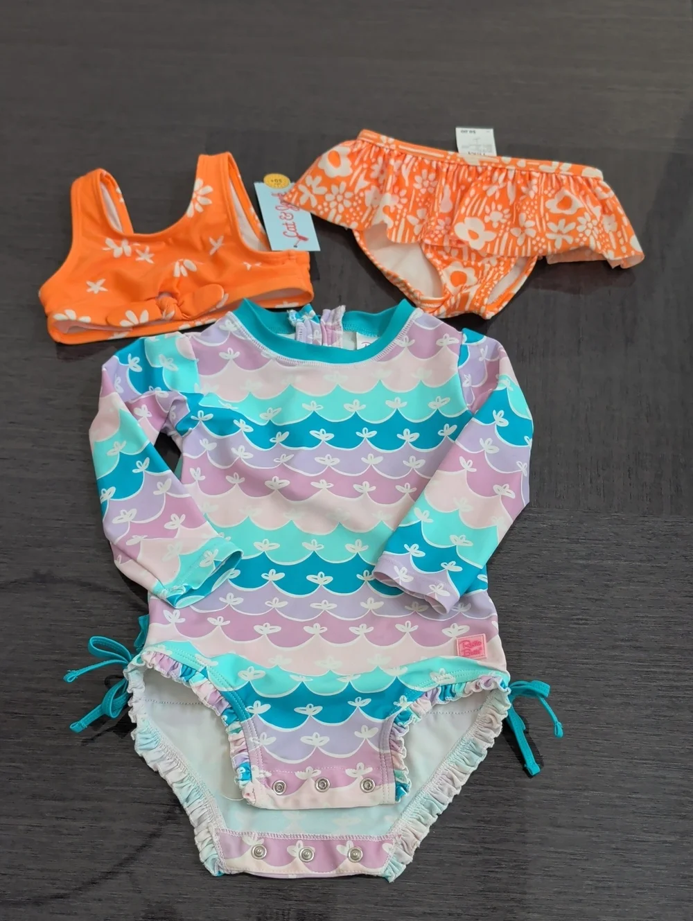 3 Piece Swimsuit Lot New Cat & Jack UPF 50+ RuffleButts Long Sleeve Girl 18/24M